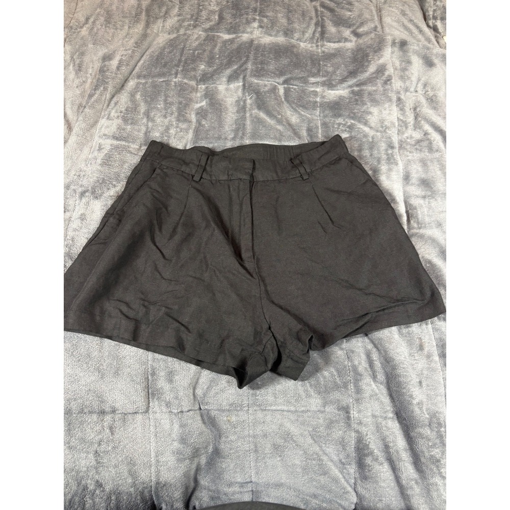 HM Black Linen Blend‎ High Waisted Pleated Shorts Womens Size 10 Elastic Back